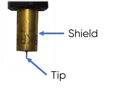 Figure 1 : The 150 µm SKP probe is shown with the tip and shield highlighted. 