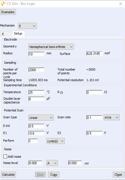 Figure 4: CV Sim setup tab with electrode shape and radius, voltage limits, scan rate, additional artefacts.