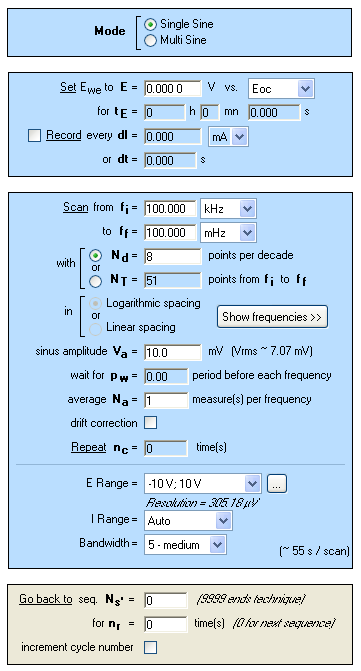 Potentiostatic Impedance “Parameters Settings” window.