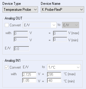 Temperature settings in the External device tab