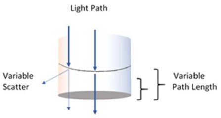 Presumed effects on the light path as a function of volume and the meniscus in a well 